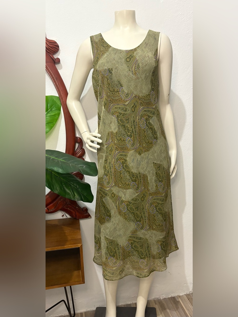 Vintage 90s Sleeveless Olive Green Paisley A-Line Sheer Overal Midi Dress